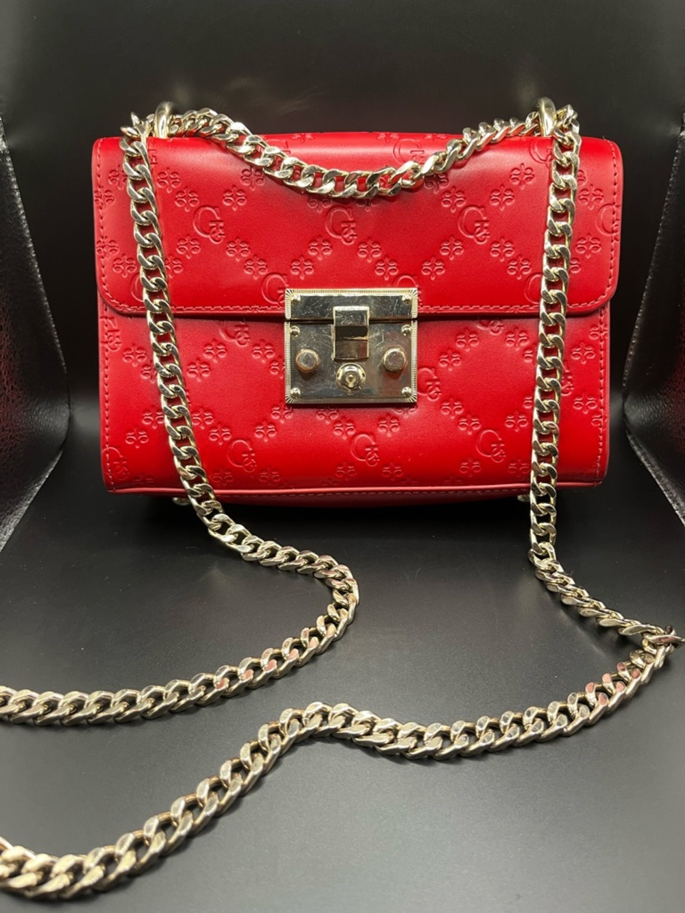 Galaday Red Embossed Leather Chain Shoulder Bag - Designer Style